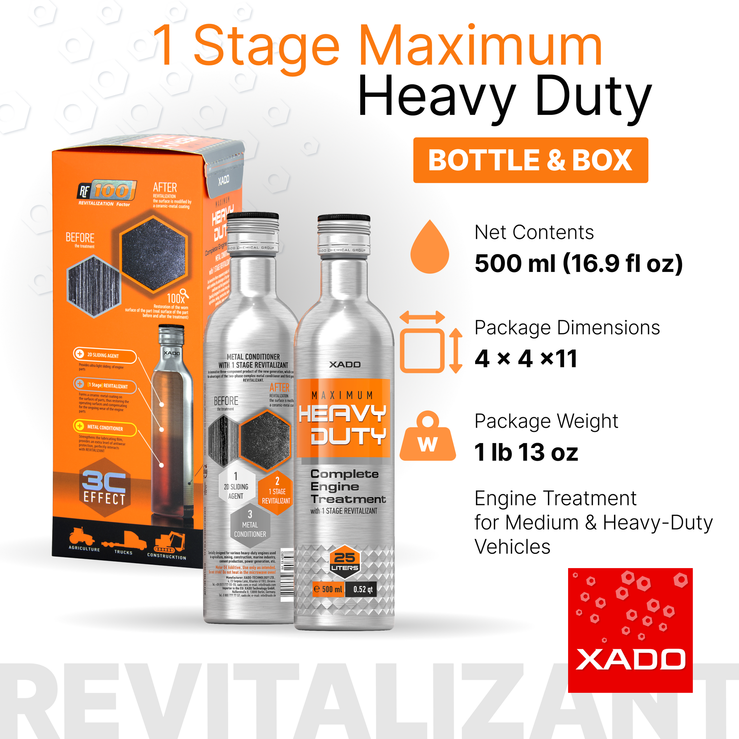 XADO 1 Stage Maximum Heavy Duty – Metal Conditioner for Medium to Heavy-Duty Engines | 10-25 Qt.